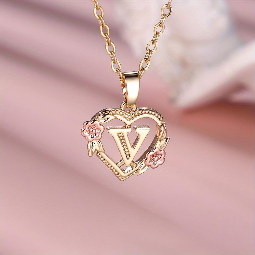 1 Pc Golden Color 26 English Letter Heart Necklace Rose Flower Pendant Wedding Band Jewelry Valentine's Day Gift
