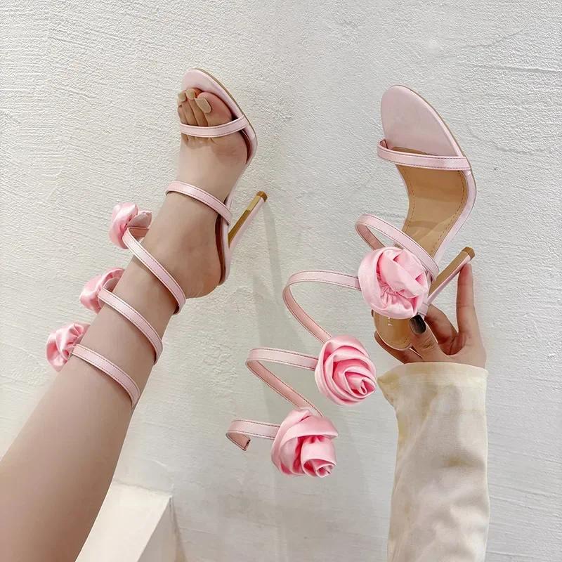 Fashion Elegant Women Wedding Banquet Shoes Fashion Silk Flowers Designer Sandalias De Mujer Open Toe Slip on Ankle Strap High Heels