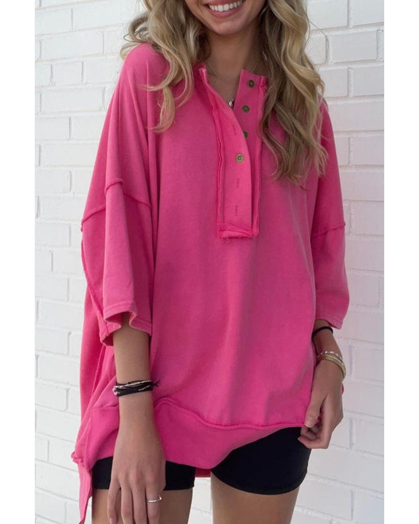 Azura Exchange Rose Red Exposed Seam Button Neck Wide Sleeve Tunic Top