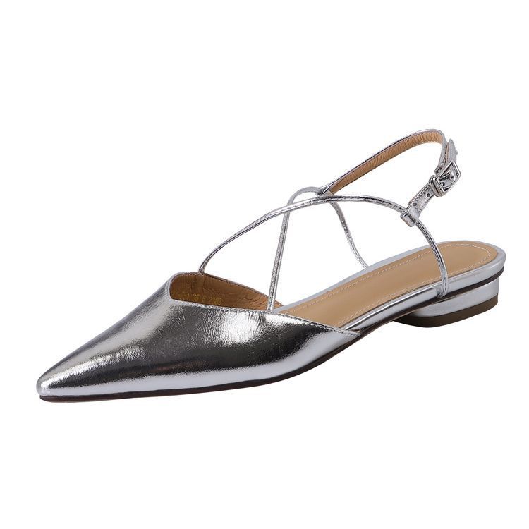 Sexy bag head silver sandals women's 2025 summer French cross-strap empty flat heel single shoes light mouth pointed flat shoes