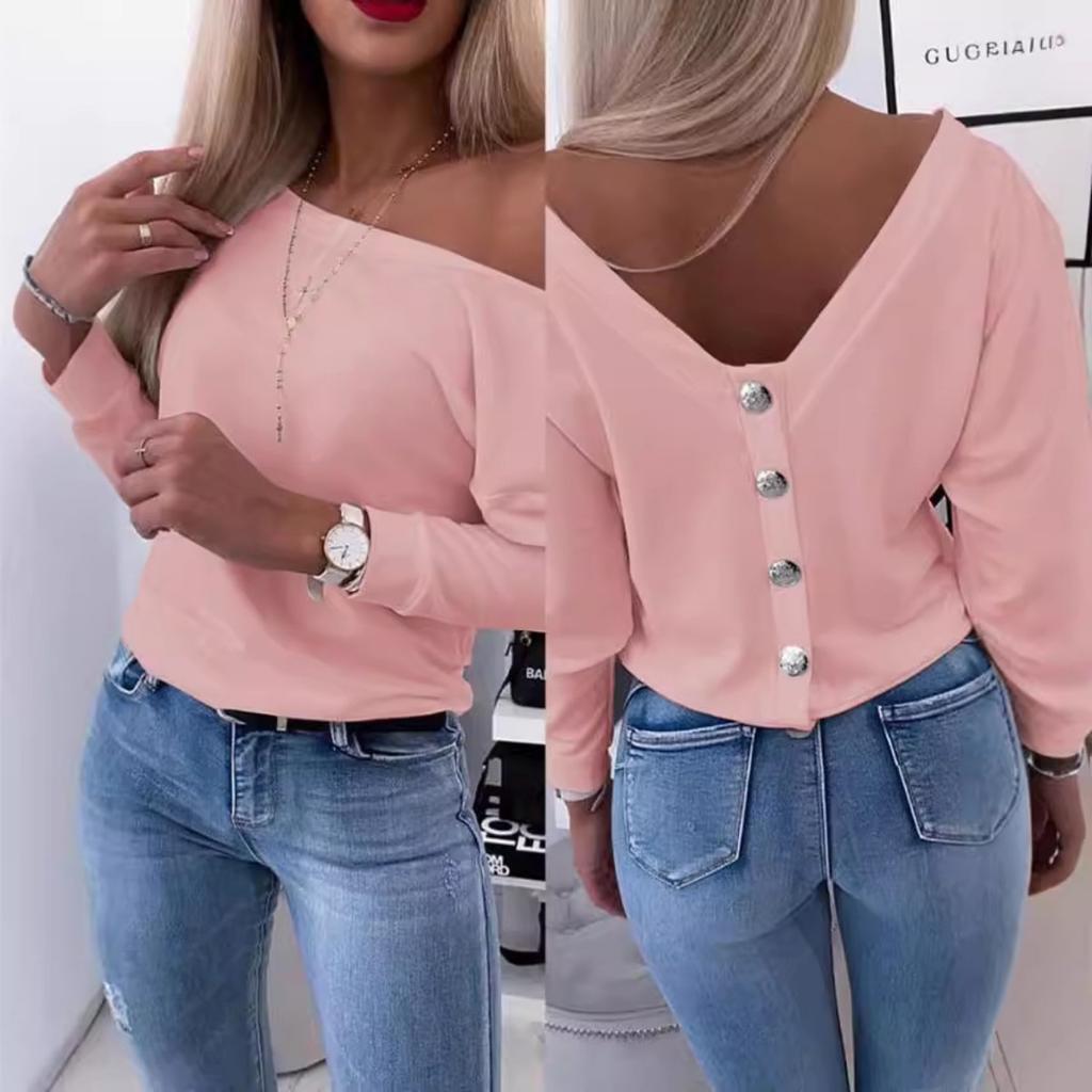 Fall Women's Long Sleeve T-shirt, Button Back Open Back Off Shoulder, Casual Fashion Top for European American Crossborder