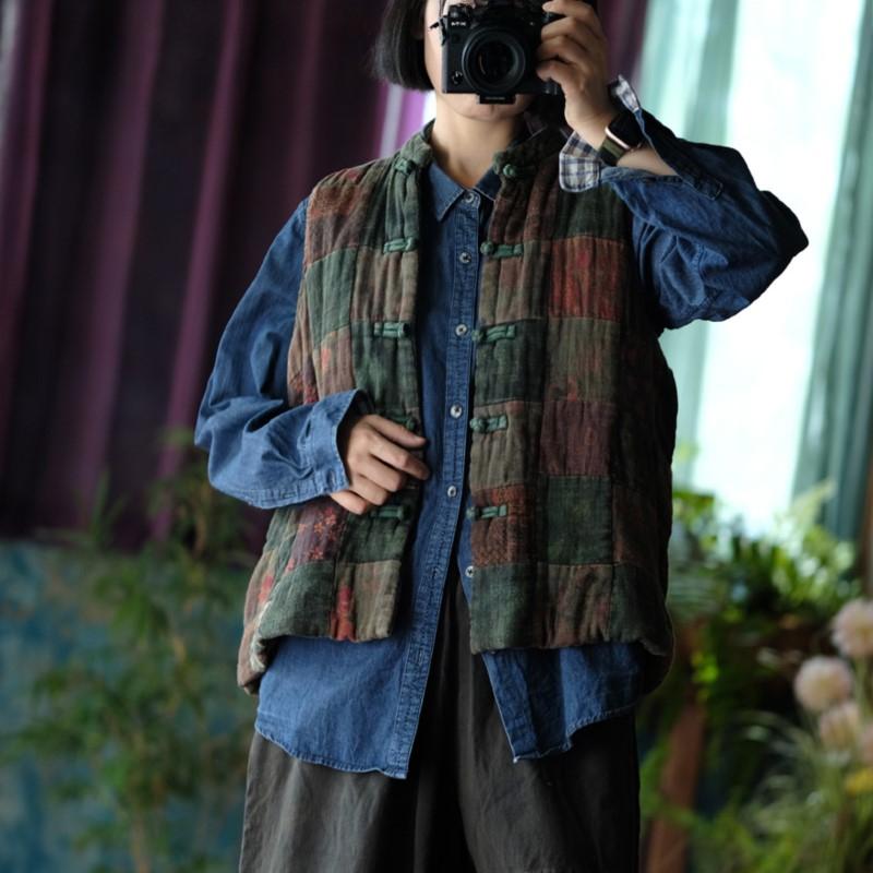 Johnature Dámské vintage patchworkové barevné vesty kabáty knoflík stojáček čínský styl oblečení podzimní vesty kabáty