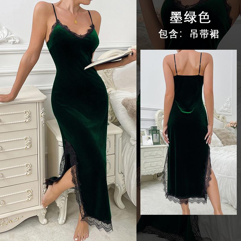 Sexy deep v pajamas women's long suspender nightgown velvet lace seduction backless