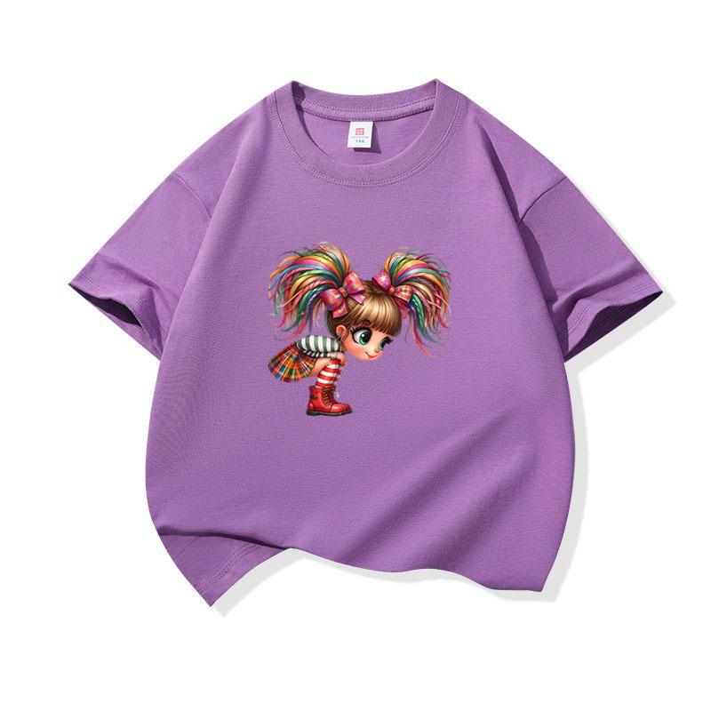 Kids Cotton T Shirt Rainbow Hair Girl Wear Plaid Skirt Print Crew Neck Short Sleeve Tee Casual Boys Girls Summer Tops