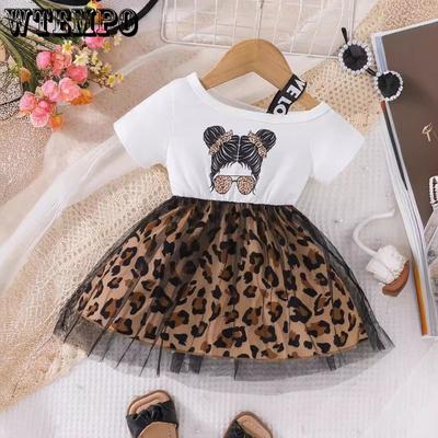 Short Sleeved Summer Girls' Dress with Stylish Children's Printed Patchwork Leopard Print Mesh Skirt