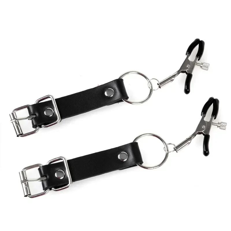 Schwarzer Lederriemen Geschirr Nippelklemmen Sklavenfesselungen Labienklemmen Erotisches Zubehör Sextoys