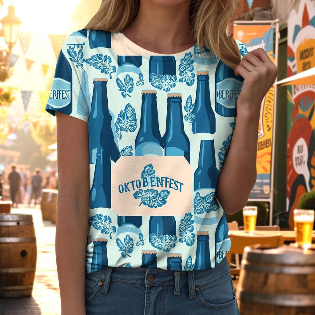 Women Casual Pullover T Shirt Oktoberfest Print Short Sleeve Crew Neck Top Lightweight Comfortable Fit Summer Tee