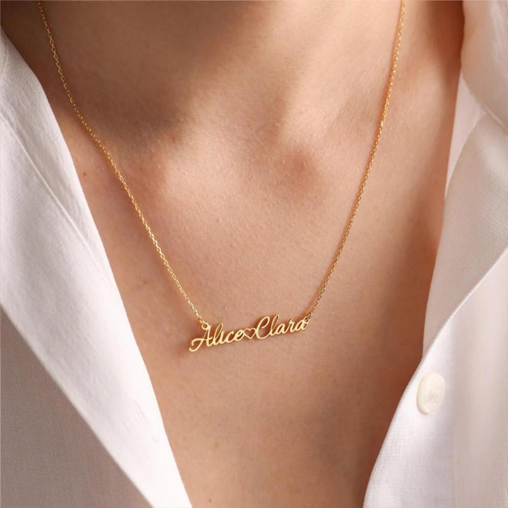 EMANCO Personalized Double Names Necklace with Love Heart Customized Name Pendant Women Stainless Steel Jewelry Couple Gifts