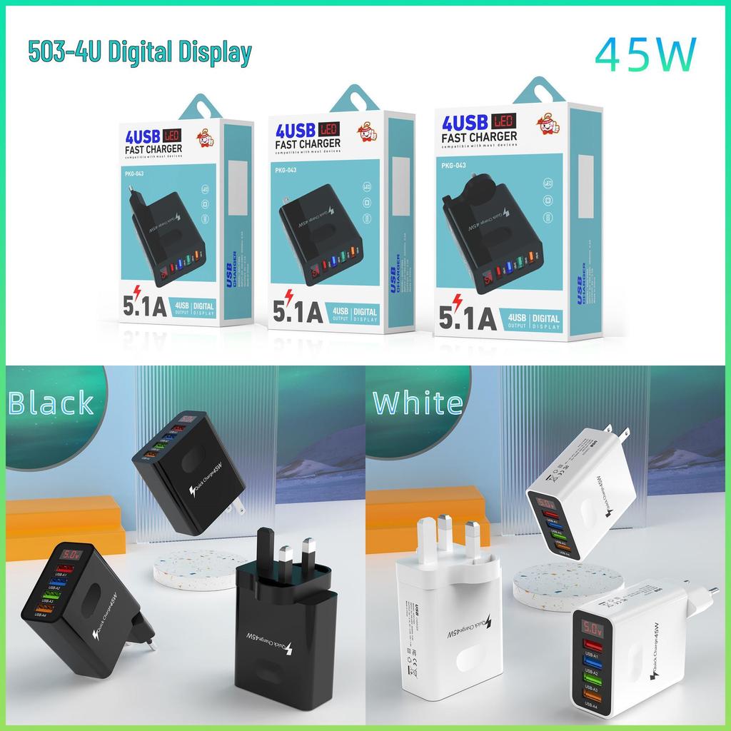 45W Multi-Port USB Charger with Digital Display - 3.1A, EU/US/UK Plug