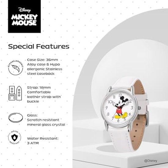Disney Mickey Mouse Adult Classic Cardiff Jointed Hand Analog Quartz Leather Strap Watch White 2 - Silver Case/White