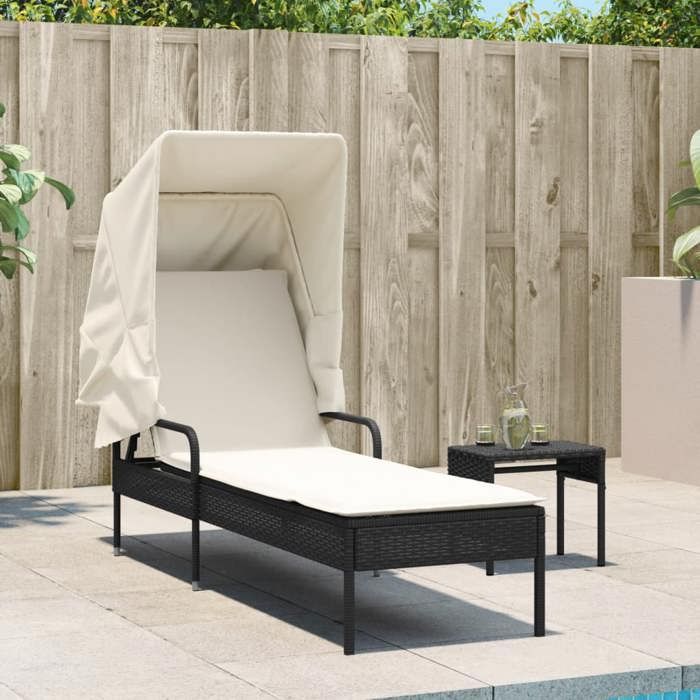 VidaXL Chaise longue avec auvent et table noir résine tressée, lit de bronzage, chaise longue inclinable, lit de jour 368197