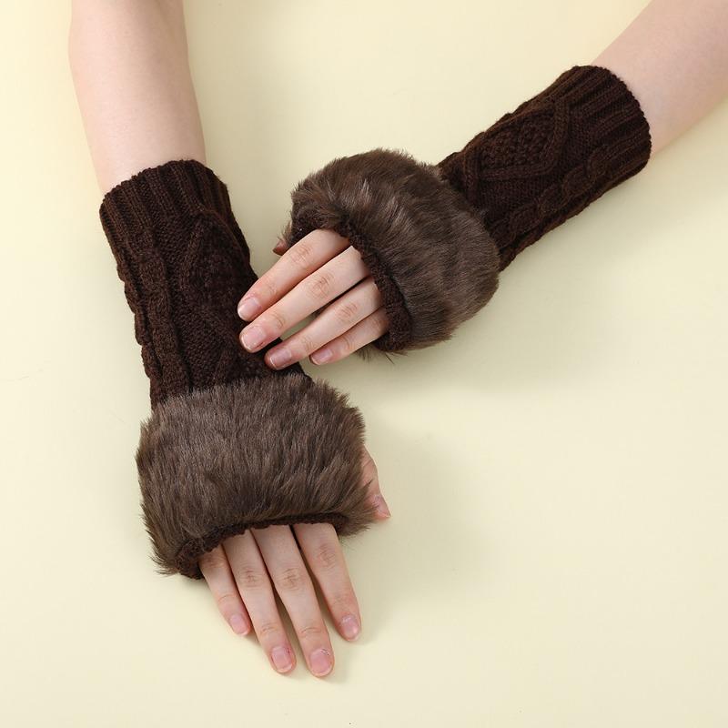 1pair Women's Coffee Colored Short Knitted Gloves with Exposed Fingertips, Winter Warm and Stylish