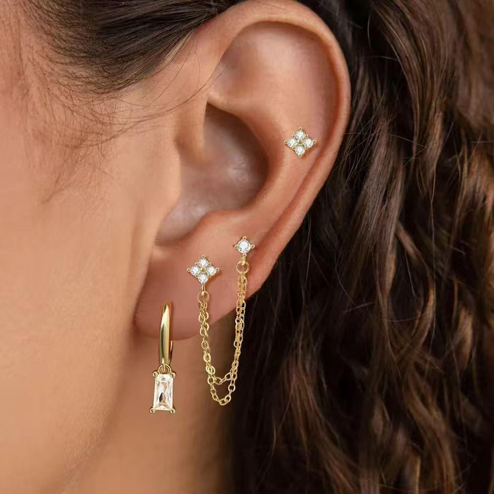 PONYKISS Tibetan Silver Zircon Flower Square Chain Stud Earrings for Women Trendy Plant Fashion Minimalist Accessories