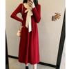 V-neck Bow Sweater Skirt Autumn and Winter New Red Gentle and Thin A-shaped Long Knitted Dress