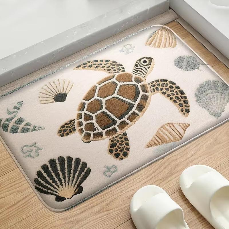 Tapis de Bain Motif Coquillage Tortue Marine Thème Nautique Côtier Océan Absorbant Eau Entrée Douche Salle de Bain Tapis Décoration de Sol 30x50cm 12x20inch