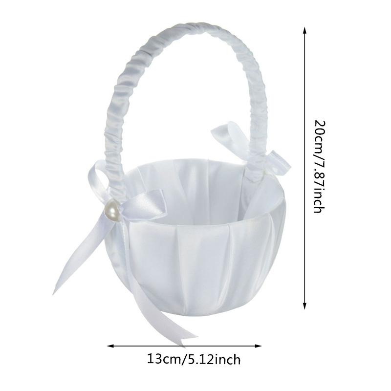 Panier de Demoiselles d'Honneur Fleur Blanche Satin Blanc Nœud Perle Paniers à Fleurs pour Dames 2025 Accessoires de Mariage Fournitures