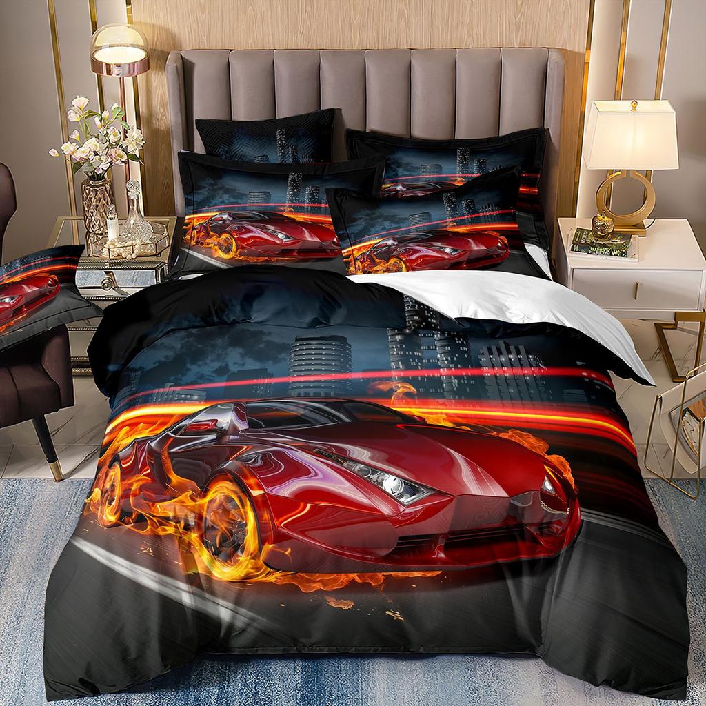 Bedding Three-Piece Set 3D Digital Printing Cartoon Fire Truck Children'S Polished Duvet Cover
