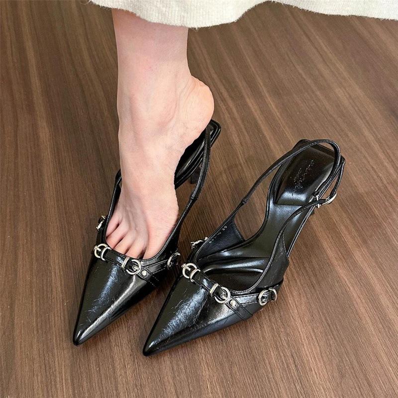 Hot Selling 2025 Women's Shoes Pearl High Heels Sexy Pointed Sandals Fashion Banquet Chain Rivets Combination Wedding Mule Shoes