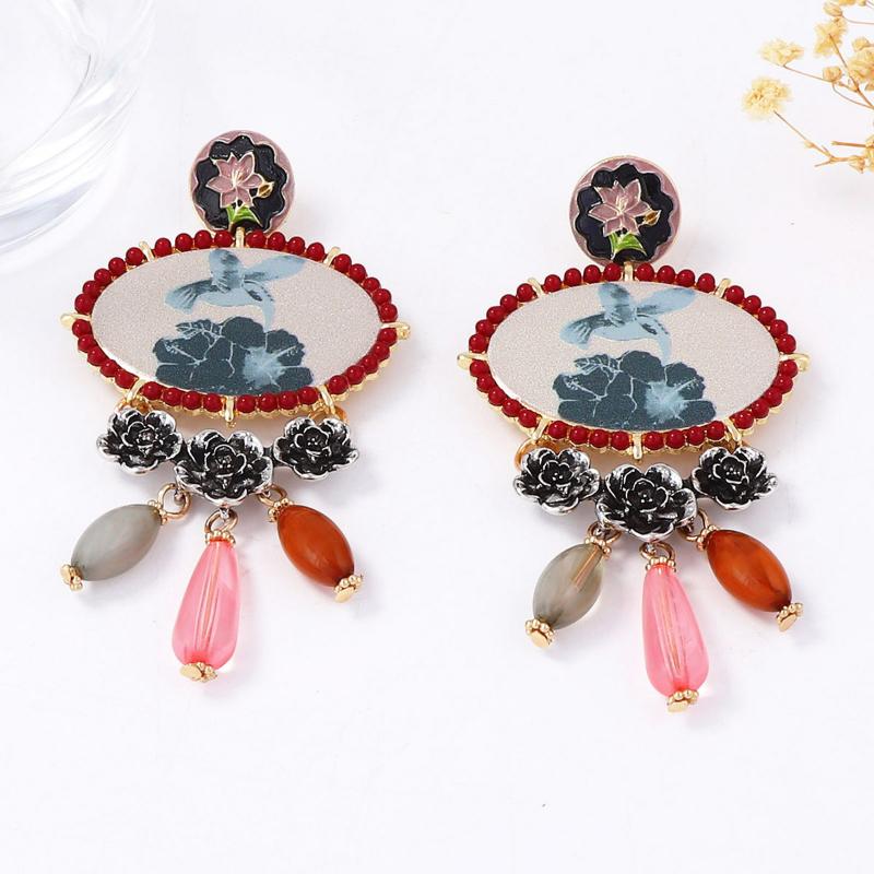 Vintage Ethnic Style Bohemian Fly Bird Printed Alloy Flower Water Drop Pendant Earrings For Women Banquet Party Jewelry Gifts
