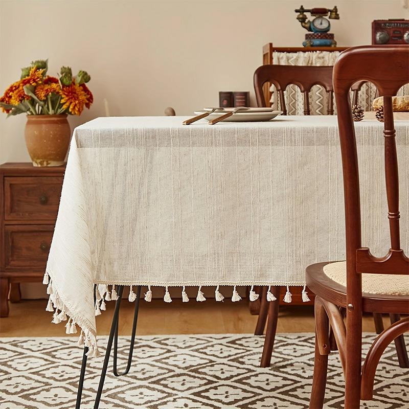 Amazon Popular Japanese-Style Striped Linen Tablecloth Tables And Chairs Simple Plain Tassel Atmosphere Decorative Cloth Dining Table