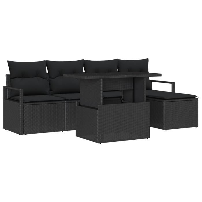 Ensemble de Canapés de Jardin 6 Pièces avec Coussins Noir Rattan Poly, Canapé de Jardin 2 Places avec Coussins Noir Rattan 3348809