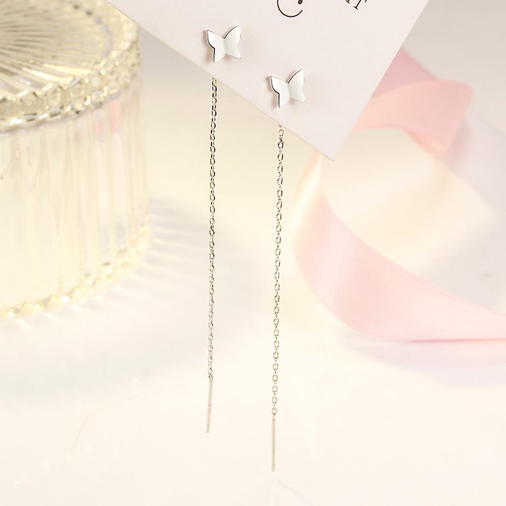 Korean Fashion Long Tassel Butterfly Drop Earrings for Women Simple Silver Color Straight Hanging Earrings Summer Jewelry Gifts
