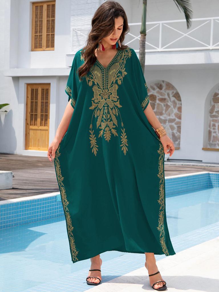 "European & American Embroidered Cotton Maxi Skirt: Women's Beach Sun Protection Robe"
