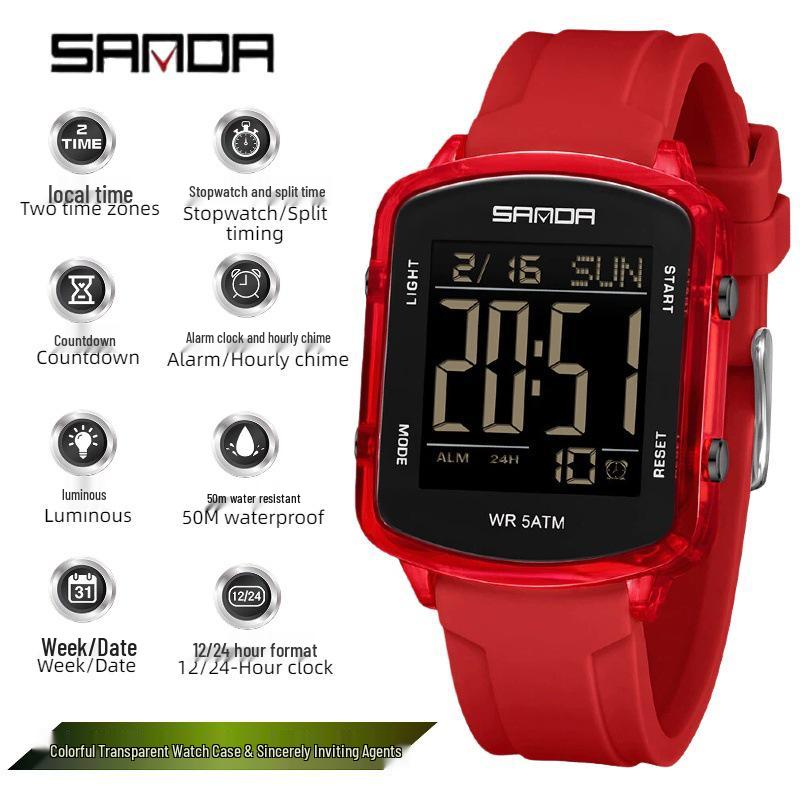SANDA Men's Luminous Waterproof Sports Watch - Square Design with Multifunctional Countdown Timer