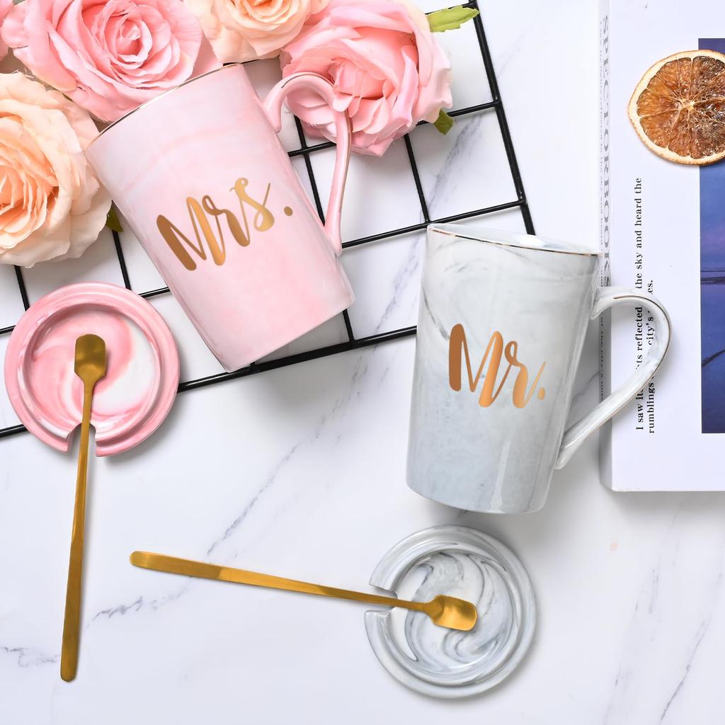Livole a Pair of Wedding and Anniversary Gifts for Lidded Ceramic Large Coffee Tea Juice Dishwasher Heat and Cold Marble "Mr. & Mrs." Mugs, Couples.