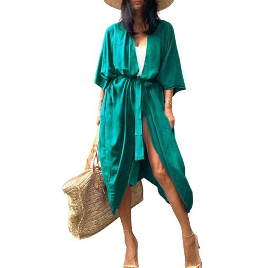 Beach Cover Up Cardigan V-neck Half Sleeve Quick-Drying Breathable Loose Fit Swimwear Coat with Tie Design