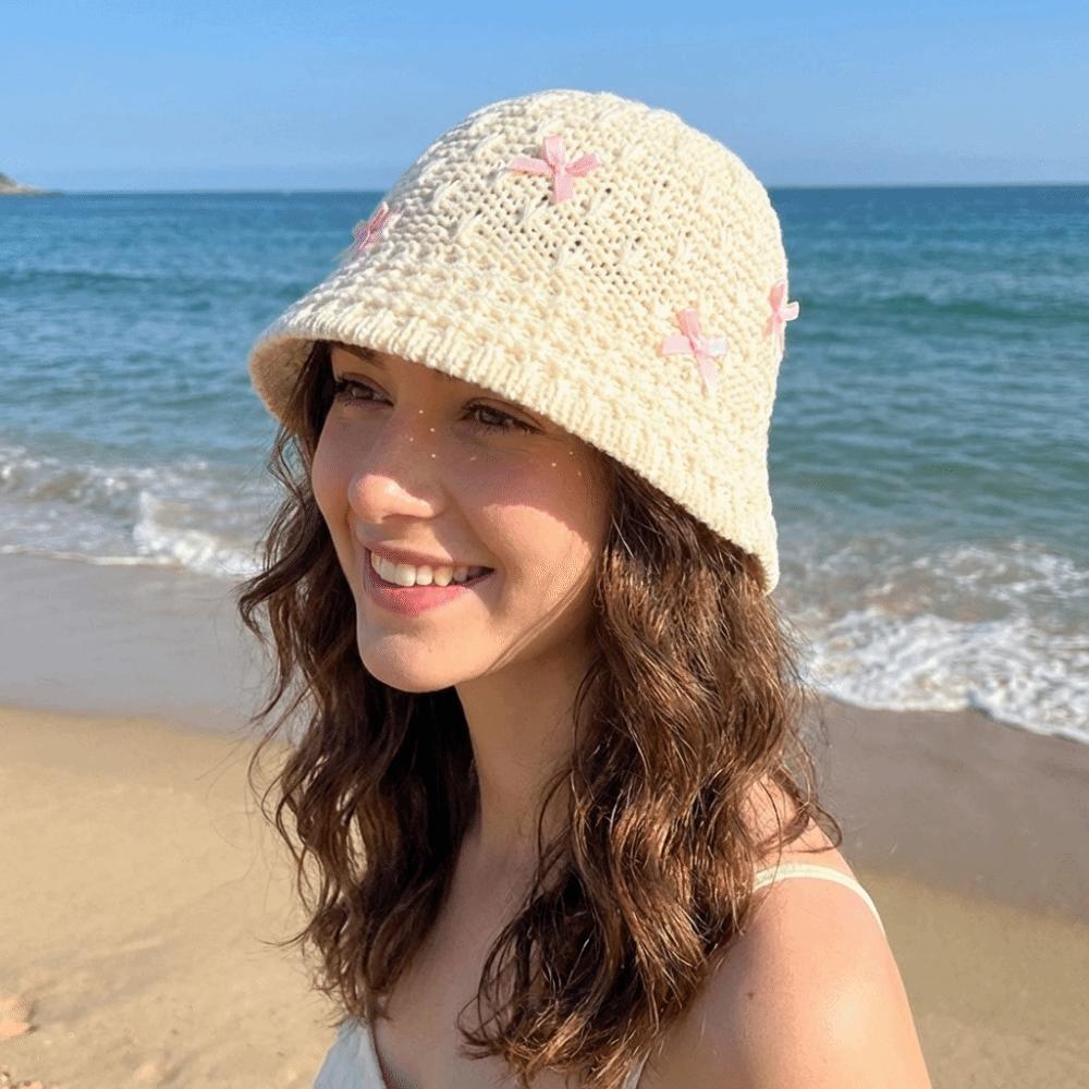Solid Color Summer Sun Hat Weave Bow Bucket Hat Casual Sunscreen Visor Cap Hiking
