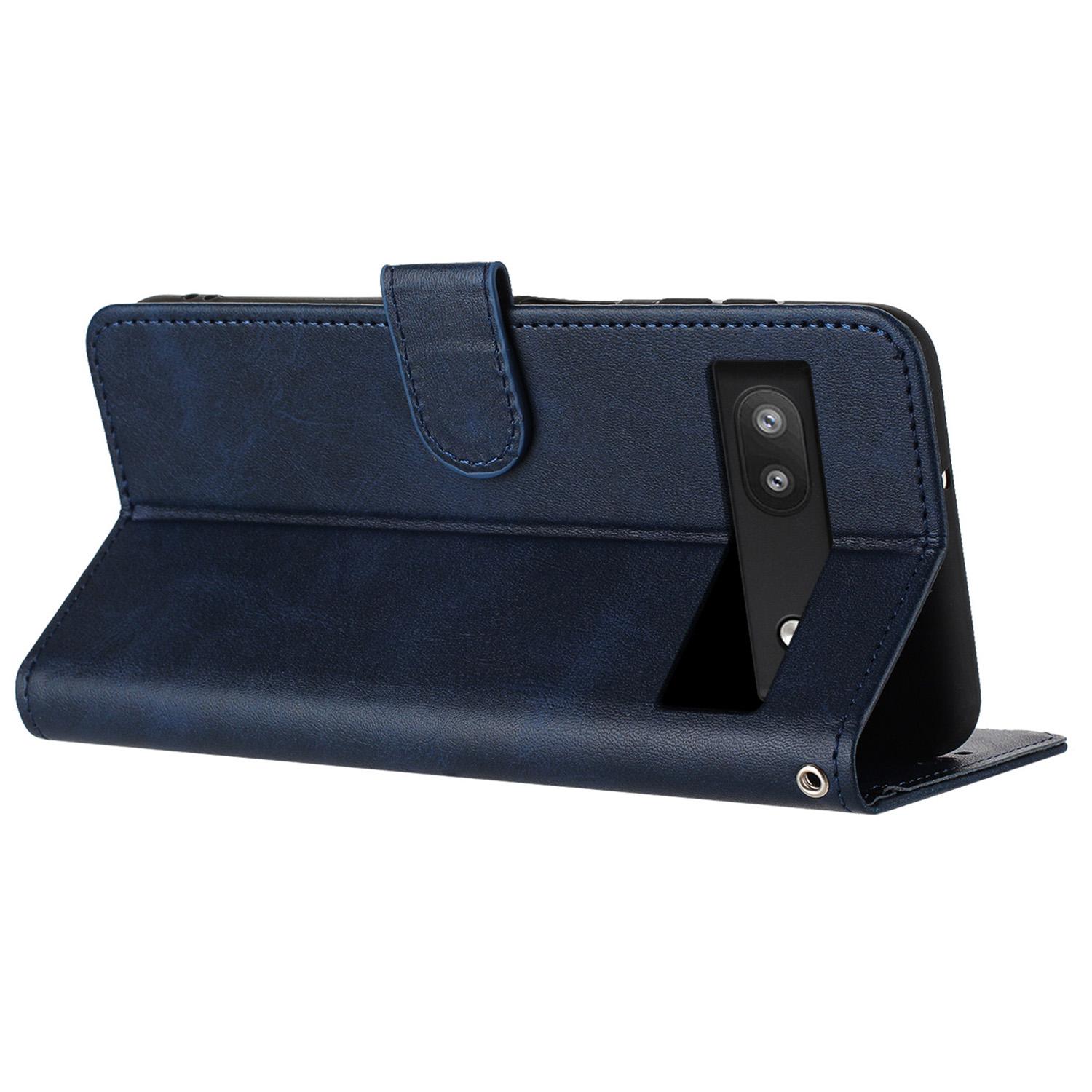 

For Google Pixel 6a Folding Stand Case Strap Design Calf Texture Phone Cover Sapphire