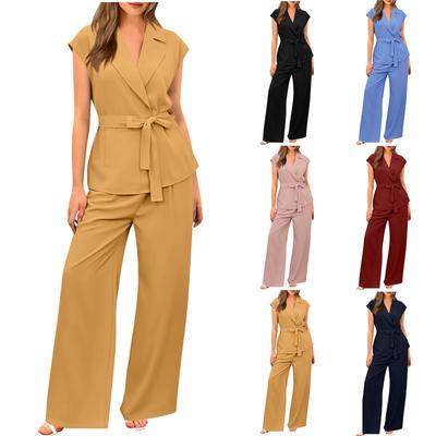 2-teiliges Anzug-Set für Damen, Sommer-Outfits, Flügelärmel, V-Ausschnitt, Weste, weite Hosen-Sets, Arbeitskleidung