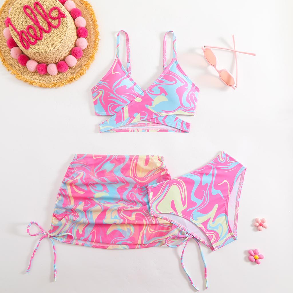 Costum de baie pentru copii costum de baie pentru femei cu fustă separată imprimeu tie-dye pentru copii de vârstă mijlocie și mai mari fete bikini costum de baie pentru copii set de trei piese