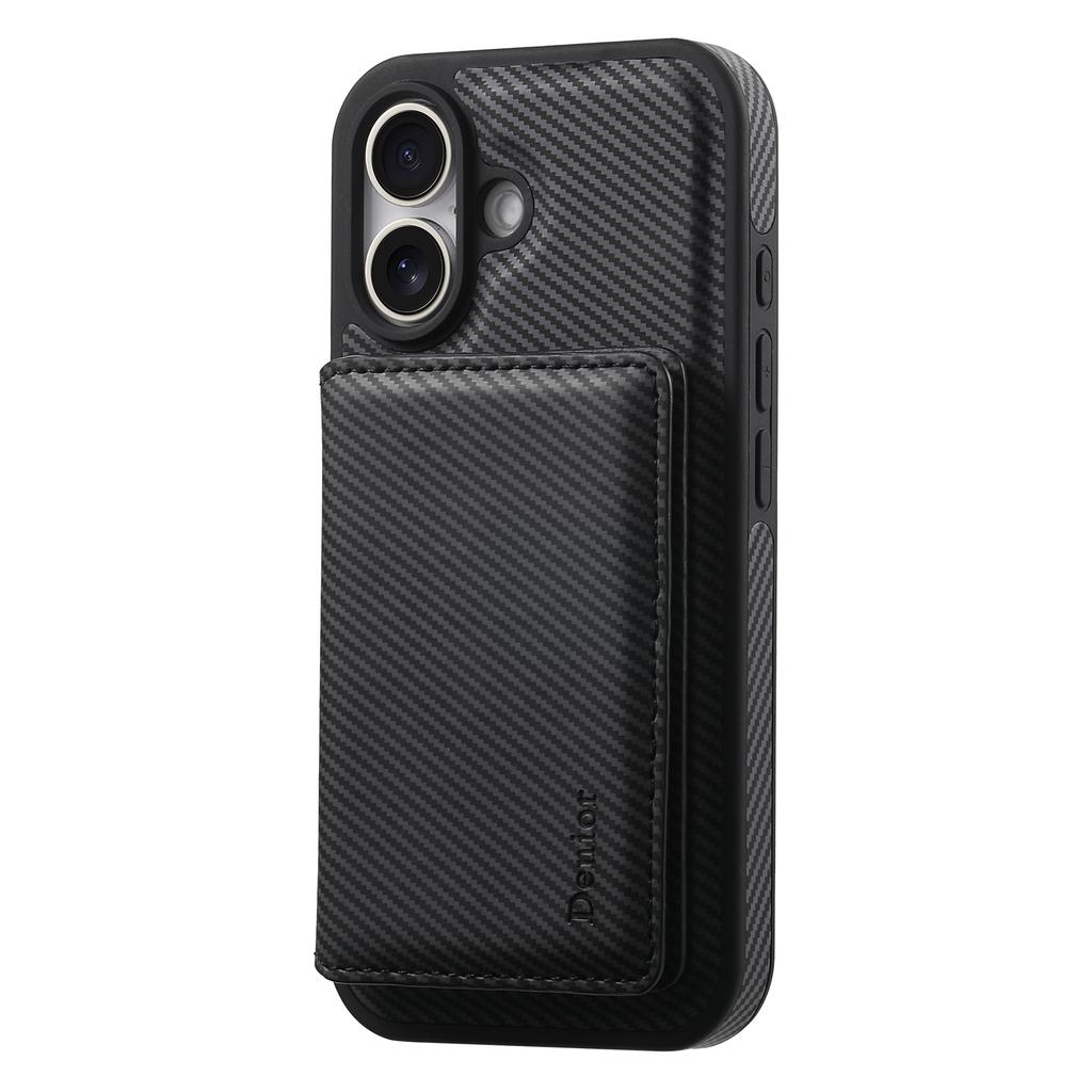 DENIOR For iPhone 16 Magnetic Case Carbon Fiber Texture Leather Back Cover with Detachable Card Bag