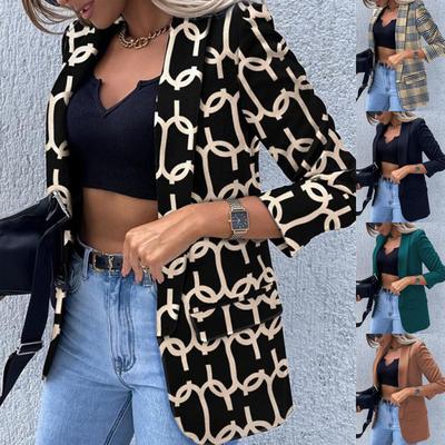 Long Sleeve Stylish Sexy Printed Blazer, Slim Fit Commuting Jacket Flap Pockets Solid Color Suit Office Work Lapel Cardigan Blazer Outerwear