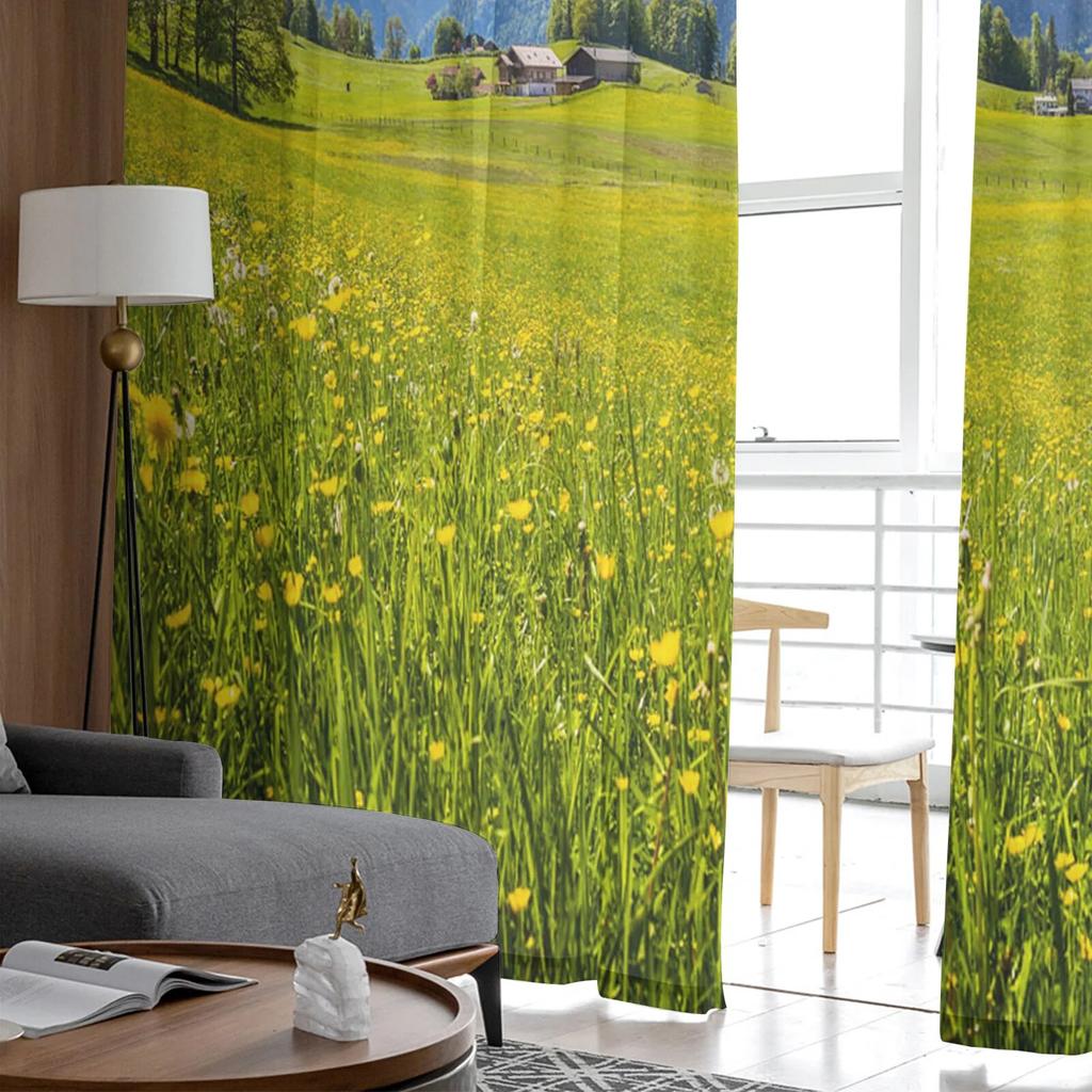 Idyllic Mountains Meadow Modern Printed Tulle Curtains for Bedroom Balcony Window Decor Creative Fashion Home Sheer Curtain