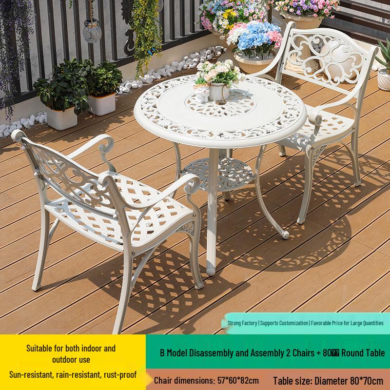 White Wrought Iron Cast Aluminum Outdoor Patio Table and Chairs Set - Waterproof Villa Courtyard Garden Balcony Furniture