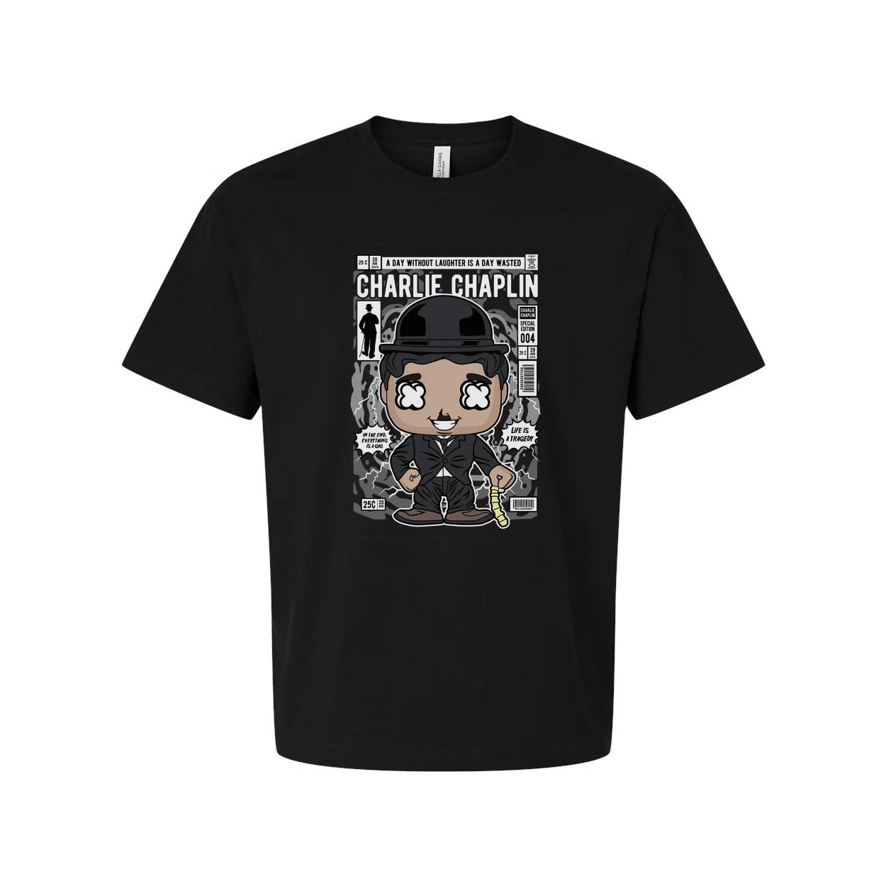 Charlie Chaplin Cartoon Graphic Tee Unisex Shirt With Bowler Hat Cane And Comic 3XL