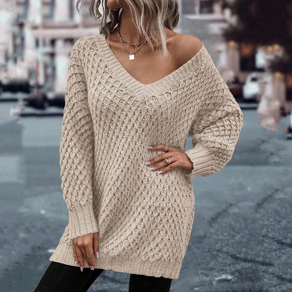 Women's Casual Color V-Neck Oversized Sweater Fall Winter Loose Long Sleeve Sweater Top
