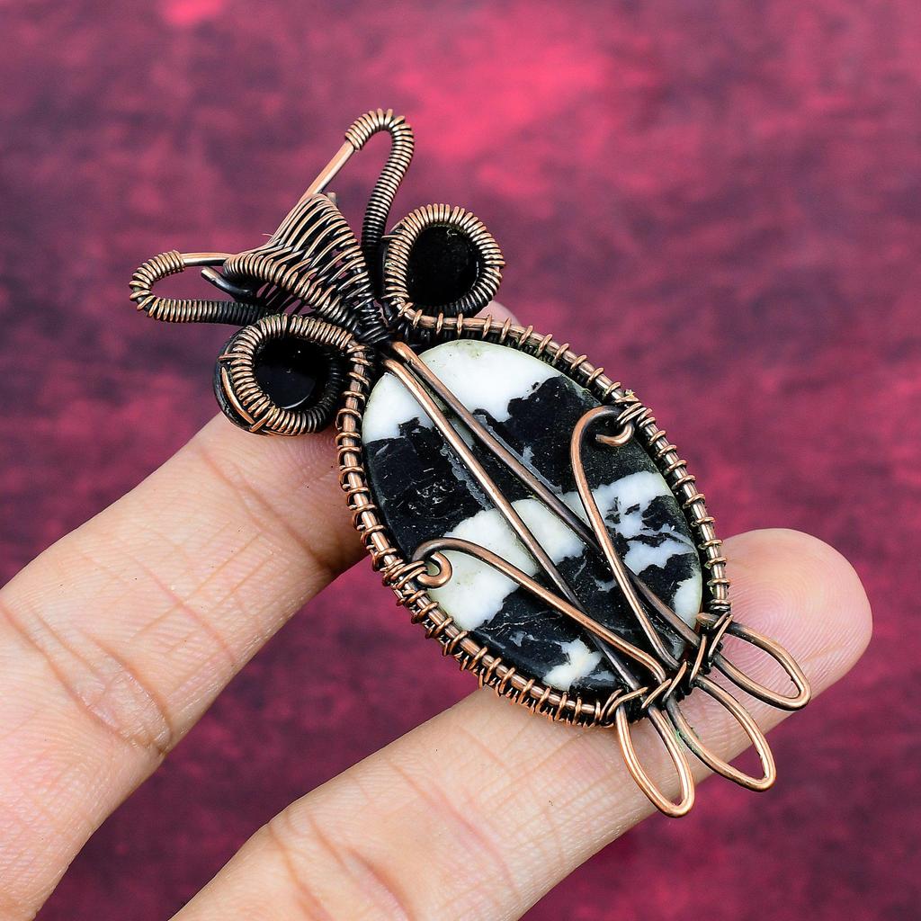 White Buffalo Turquoise & Black Evil Eye Pendant Copper Wire Wrapped Owl Pendant