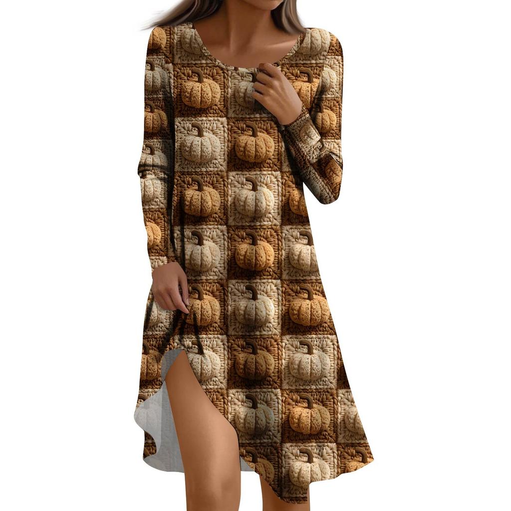 Ladies Halloween Party Dress 3D Horror Pumpkin Ghost Print Long Sleeve Round Neck Casual A-Line Dress Vestidos