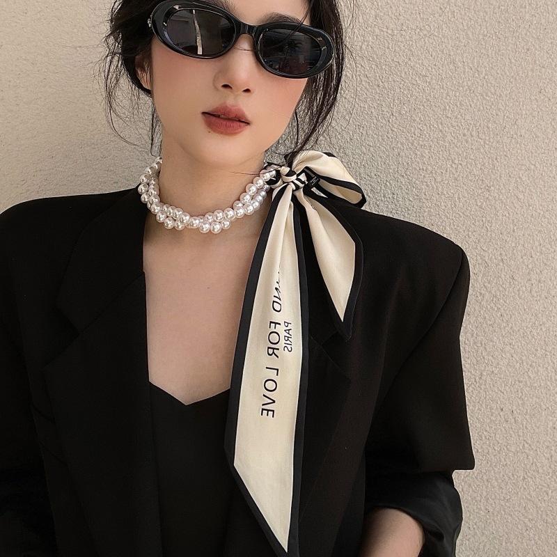 Faionable Polka Dot Scarf Waist Belt For Women Decorative Pearl Splicing Neck Ribbon Elegant Stripes Fluttering Ribbon