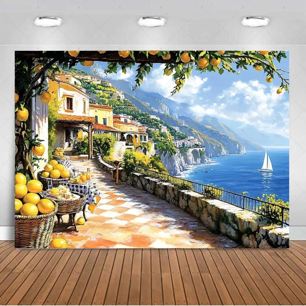 Seaside Town Lemon Tree Background Banner Open Window Landscape Backdrop Supplies Photography Prop Birthday Party Decorations