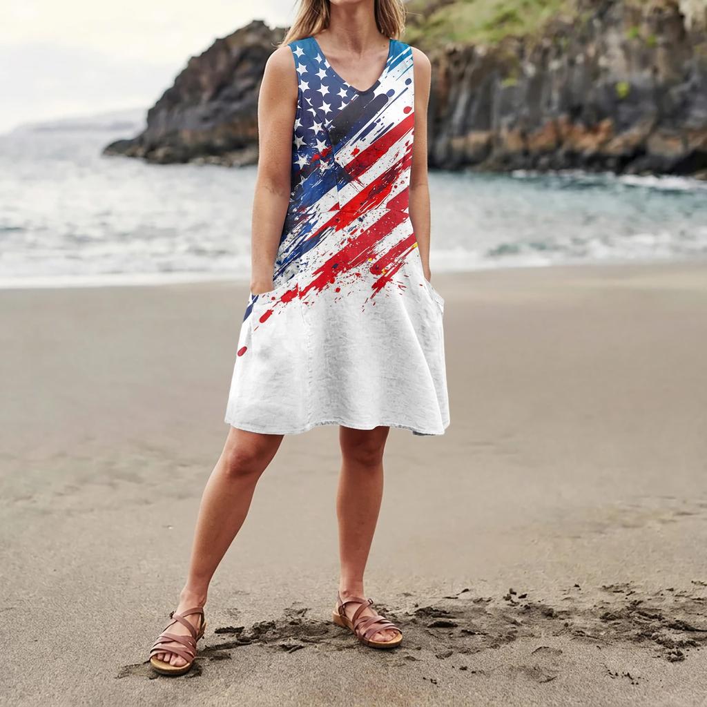 Summer Dresses For Women Loose Beach Vacation Casual Sleeveless V-neck  Sundresses With Pockets Tank Dress