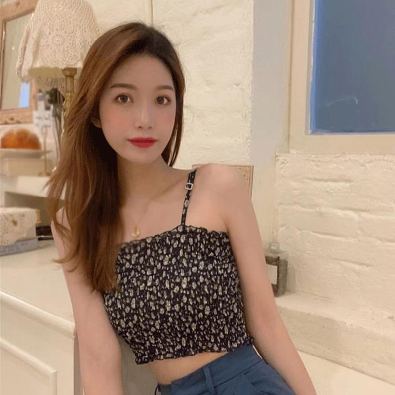 Dámský crop top tílko květinové plisované vestička s vycpávkou na prsa