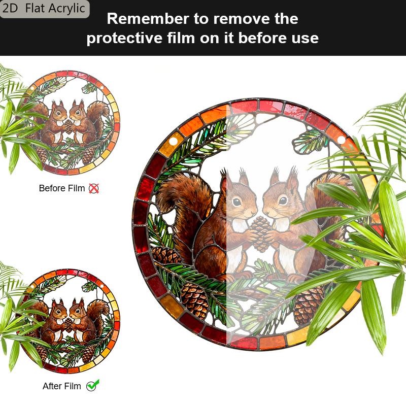 Acrylic Pair of Squirrels with Pinecone Suncatcher Stained Glass Effect Window Hanging Ornament Autumn Forest Themed Gift for Home