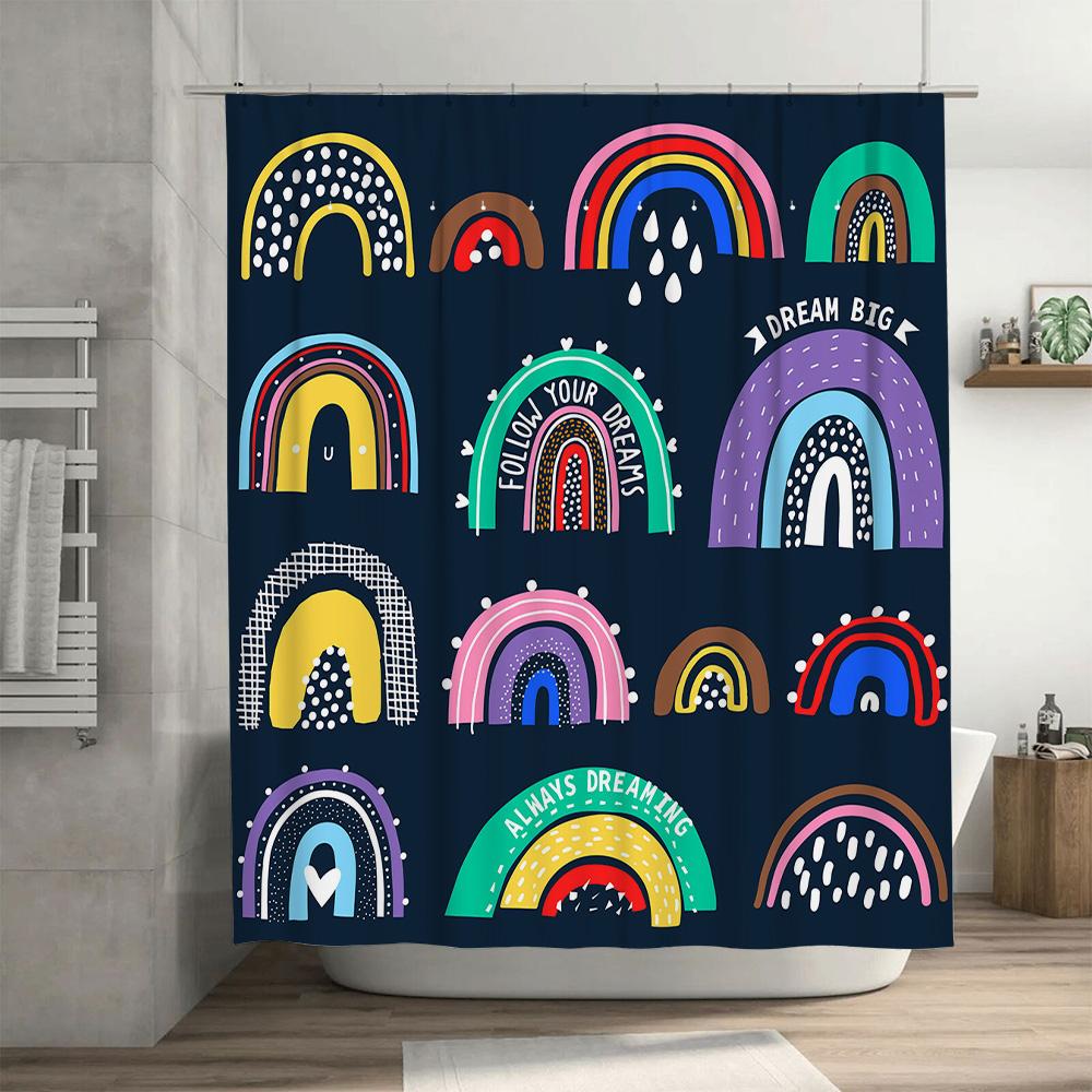 Rainbow Shower Curtain Waterproof Bathroom Decor Multicolor Non-toxic Print Fabric Shower Curtains for Bathrooms Dark Navy Backg
