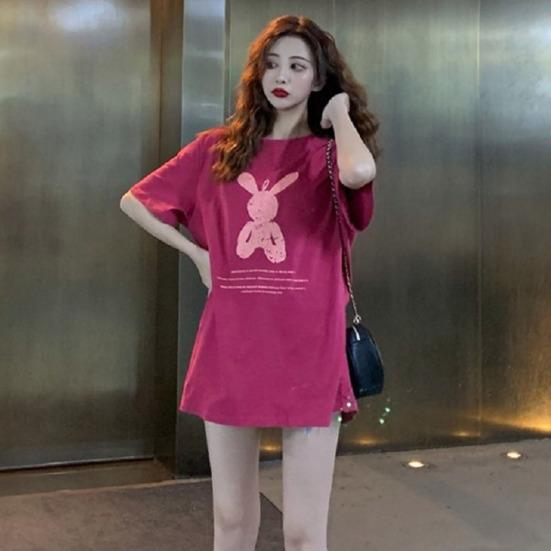 Tricou pentru femei de lungime medie, imprimeu desen animat, gât rotund, culoare contrastantă