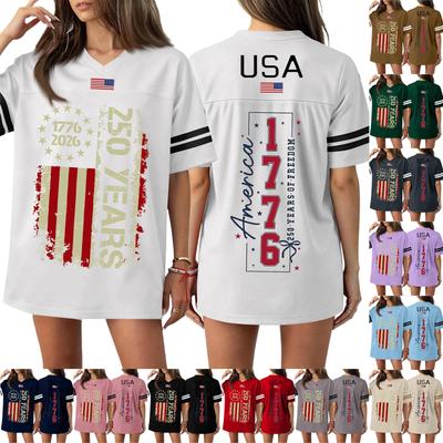 Women's Casual Fashion V-Neck Sports Independence Day Print Short Sleeve Sports T-Shirt Top